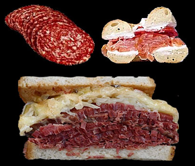 photo collage of salami, lox and cream cheese on a bagel, and a reuben sandwich